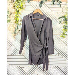 ZARA Women's Brown Sheer Collared Wrap Tunic Blouse Long Sleeve Size XS